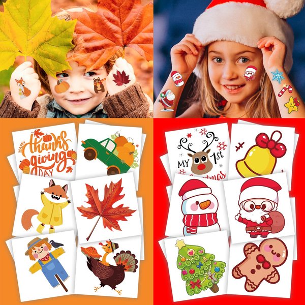 winthrop 240 Pcs Holiday Temporary Tattoos for Kids, Thanksgiving&Christmas Individually Wrapped Waterproof Safety Tattoos Stickers, Best Choice for Fall and Winter Gifts, 120 Designs