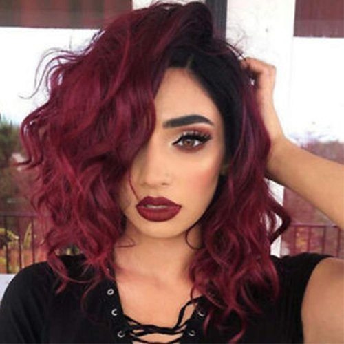 SEVENCOLORS Short Burgundy Curly Wigs for Black Women Natural Wavy Ombre Wine Red Wig Synthetic Hair Shoulder Length Bob Wigs