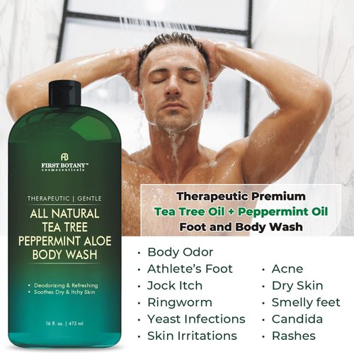 First Botany, ALL Natural Body Wash - Fights Body Odor, Athleteâ€™s Foot, Jock Itch, Nail Issues, Dandruff, Acne, Eczema, Shower Gel for Women & Men, Skin Cleanser -16 fl oz (Tea Tree Mint)