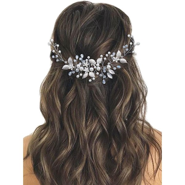 EASEDAILY Bride Wedding Haie Vine Silver Leaf Bridal Headpieces Pearl Crystal Hair Accessories for Women and Girls