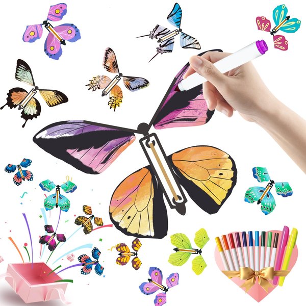 36 Pack Painting Butterfly Craft Kit for Kids, 24 Paper Butterflies and 12 Color Pens, Rubber Band Wind Up Butterfly Toy, Make Your Own Magic Flying Butterfly, Party Game,School Activity,Surprise Card