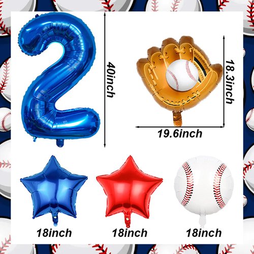 Baseball Balloons 2nd Birthday Decorations for Boys, Baseball Party Decorations Baseball Sports Theme Party Supplies, 40 inch Foil Number Balloons Number 2 Balloon Blue Red White Sports Balloon Kits
