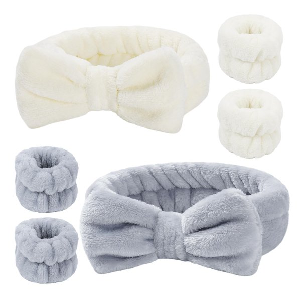 6 Pcs Spa Headband and Wristbands,Coral Fleece Makeup Headband Cosmetic Headband for Washing Face, Bow Headbands for Shower Terry Cloth Headbands for Women Facial Hair Band