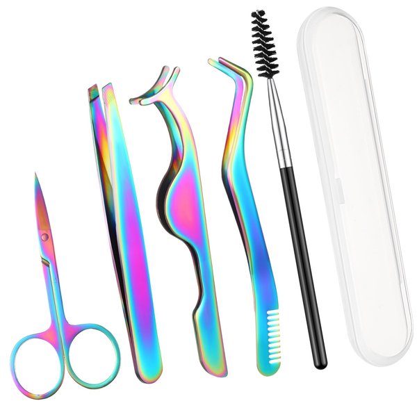 Lasnten 6 Pcs DIY Eyelash Applicator Tool Set, Lash Tweezers for Eyelash Extensions, Stainless Steel False Eyelash Scissors, Lash Cluster Tweezer, Eyebrow Curler, Lash Brush with Box (Colorful)
