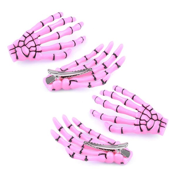 AKOAK 2 Pairs (4 Pcs) Halloween Hair Clip with Skeleton Hand Claw, Female Hair Styling Accessories for Girls (Pink)