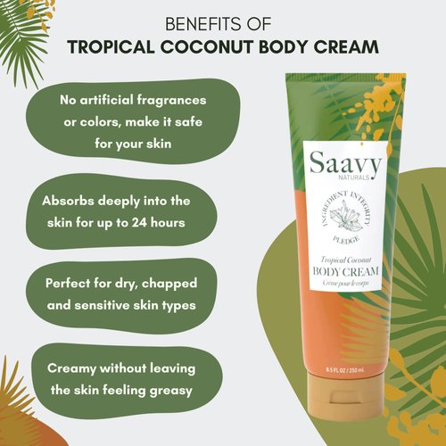 Saavy Naturals Tropical Coconut Body Cream for Women, Absorbent Shea Butter Vegan Formula for Women, Thick and Creamy, Naturally Scented Body Lotion for Dry Skin, 8.5 Oz, 2 Pack