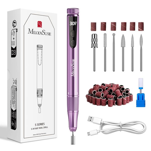 MelodySusie 30000RPM Portable Electric Nail Drill,SM180F Cordless Rechargeable Nail File Kit for Acrylic & Gel Nails, Stepless Speed, Professional Efile for Manicure Pedicure Polishing, Purple