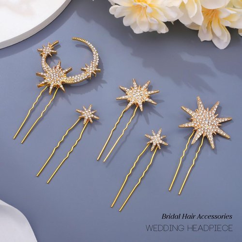 Heread Star Crystal Bride Wedding Hair Pins Gold Moon Hair Pieces Bridal Hair Accessories for Women and Girls (Pack of 5)