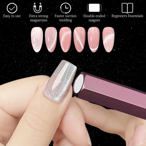 C12rtive Cat Eye Magnet Tool,Professional Double-Ended Hexagon Strong Nail Magnet Stick for Cat Eye Gel Nail Polish,suitable for personal DIY, nail studio or nail salon(Pink)
