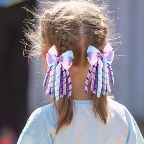 SUPCLIPS 3 Inch Hair Bow Clips Purple Curly Grosgrain Ribbon Hair Clips Handmade Kids Girls Cheer Hair Accessories for School Prom Party