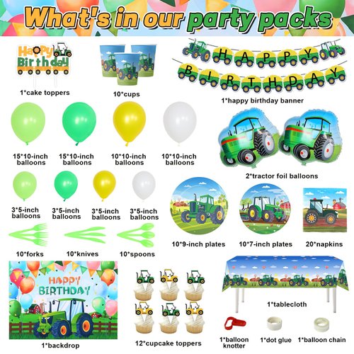 YIGZAG Farm Green Tractor Birthday Party Supplies, Tractor Birthday Decorations with Tractor Balloons, Backdrop, Tablecloth, Banner, Cake Toppers, John Deere Birthday Party Supplies Plates Napkins