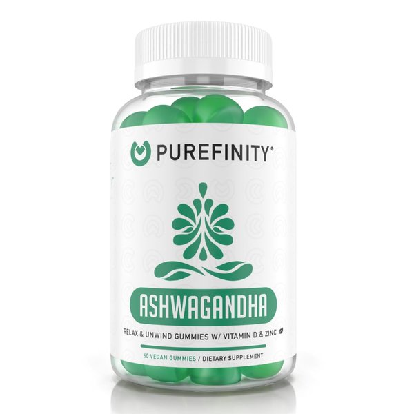 PUREFINITY Ashwagandha Gummies – Herbal Gummy Supplement with Vitamin D & Zinc for Mood Support & Immune Health – Gluten Free, Non-GMO and Vegan – 60 Gummies