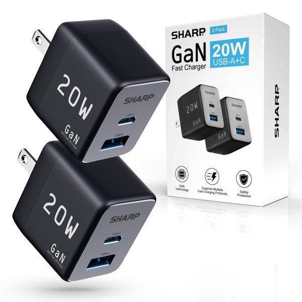 Sharp USB C Charger, 2-Pack 20W, Dual Port (USB A+C) Compact Foldable GaN Fast Charge for iPhone 15/15 Pro/15 Pro Max/14/13/12, Pad Pro/AirPods and More, Black