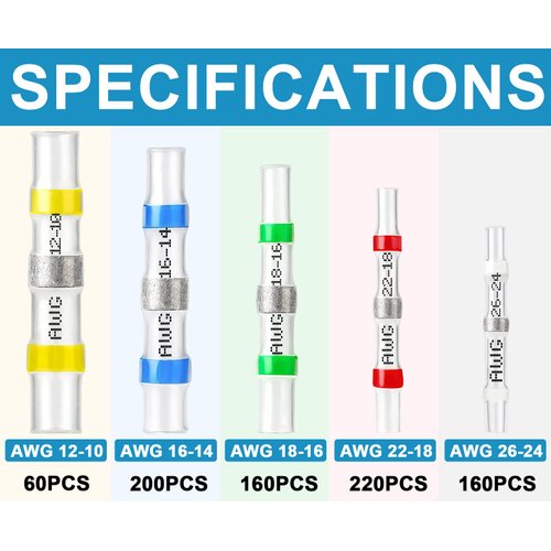 800PCS Solder Seal Wire Connectors,Plustool Self-Solder Heat Shrink Butt Connectors,Solder Sleeve Waterproof Insulated Wire Connectors,Electrical Butt Splice Wire Terminals for Marine Automotive Truck