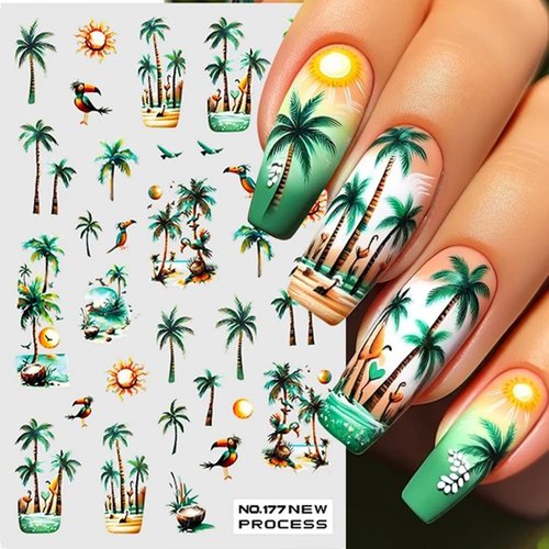 Summer Coconut Tree Nail Art Stickers Decals 2Pcs Palm Tree Flamingo Flowers Summer Nail Designs Stickers Manicure Accessories Tropical Style Nail Decals for Acrylic Nail Art Decorations Supplies