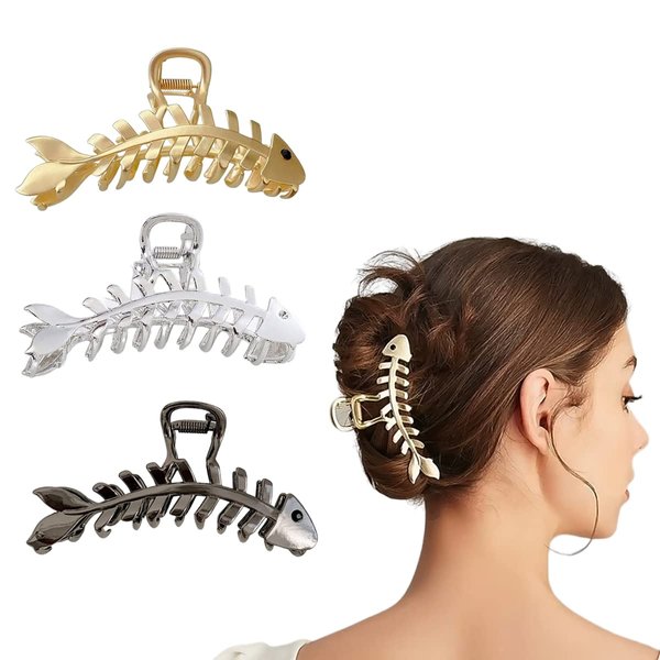 Fish Bone Hair Clips, 3 PCS Metal Hair Claw Clips for Thick Hair Thin Hair Non-slips Strong Hold Fashion French Hair Accessories Lady Women Girl Barrette Mother's Day, Gold, Silver, Black