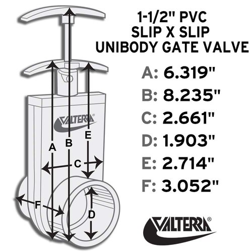 Valterra 2101X PVC Gate Valve, White, 1-1/2" Inner Diameter, 1.9" Outer Diameter Unibody Valve, Slip w/ Gate Keeper