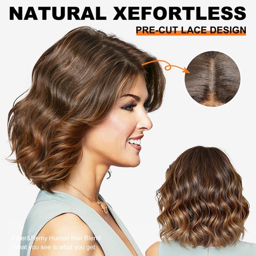 KOME Natural Brown Synthetic Lace Front Wig,Short Bob Wigs Body Wave Pre Plucked Ready to Wear Wigs,HD Glueless 13X5X1 Lace Front Wigs for Women,Fiber & Remy Human Hair Blend,Daily Use Hair Wig 12inch
