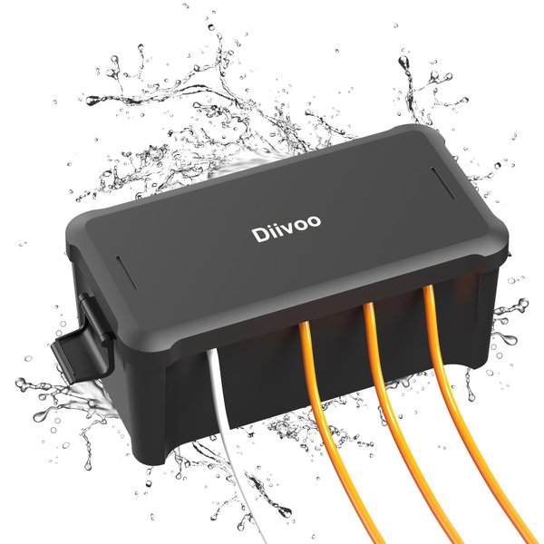 Waterproof Electrical Connection Box, Diivoo Outdoor Weatherproof Extension Cord Box, Enough Space 4 Cable Seal Entry, IPX4 Protect Power Strip, Timer Outlet Plug, Holiday Light Decoration, Black