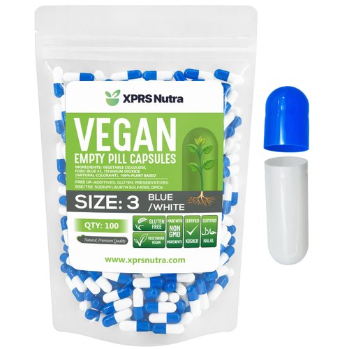 XPRS Nutra Product Image Size 3 Empty Capsules - 100 Count Vegan - Vegetarian Empty Pill Capsules - DIY Vegetable Capsule Filling - Veggie Pill Empty Caps (Blue/White)