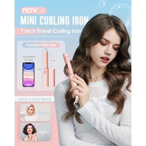 NOVUS Mini Curling Iron for Short Hair,Travel Curling Iron,Ceramic Small Curling Wand,Barrel Hair Curling Iron 1 Inch Heat-Up Fast,Pink Portable Hair Curler