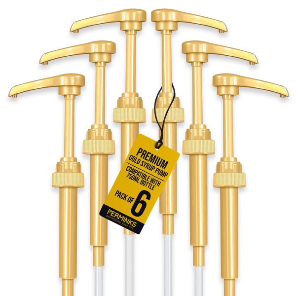 PERMINKS Premium Syrup Pump Compatible with Torani 750 ml Bottle, Davinci Syrups - No Spill, No Clog Syrup Pump Dispenser for Vanilla, Snow Cone, Blueberry, Coffee Flavoring & More (Pack of 6, Gold)