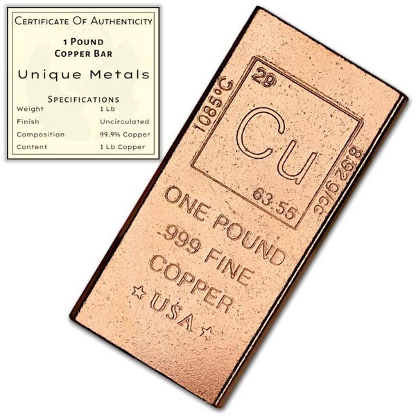 1 Pound Copper Bar Bullion Paperweight - 999 Pure Chemistry Element Design with Certificate of Authenticity by Unique Metals