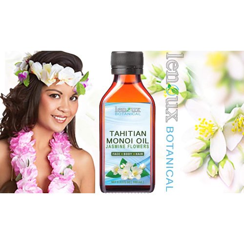TAHITIAN MONOI OIL JASMINE. COCONUT OIL/JASMINE OIL. 100% Pure Moisturizer for. Face & Body, Hair, Lip and Nail Care. 3.33 Fl.oz.- 100 ml. by Lenoux Botanical