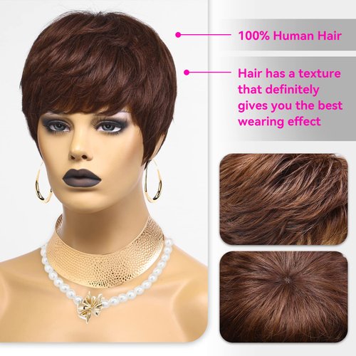 HAIRCUBE Dark Brown Pixie Cut Wigs for Women Pixie Cut Human Hair Wigs Short Remy Hair Dark Brown Color Short Black Layered Wavy Wigs (pixie cut wig, dark brown)