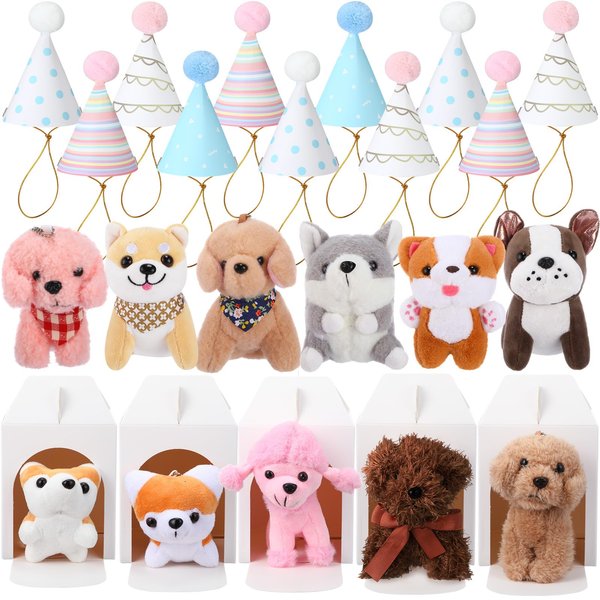 RoundFunny 33 Pcs Mini Plush Dogs Stuffed 4 Inches Small Puppy Stuffed Animal with Keychain Kraft Paper Dog Boxes and Paper Cone Hat, Dog Party Favors for Birthday Party Gifts(White)