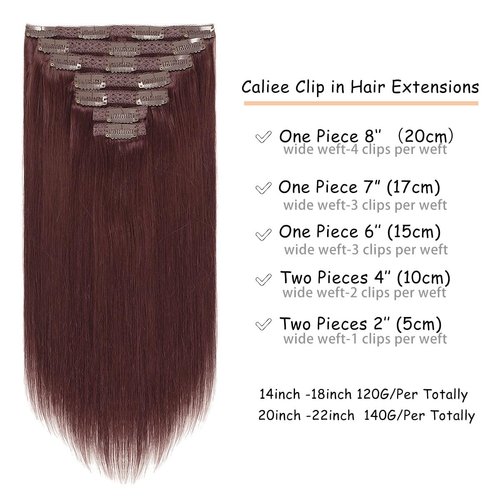 Caliee Clip in Human Hair Extensions Burgundy Wine Red 99J Hair Straight Real Human Hair Extensions Clip in 140g 20 Inch Red Clip in Extensions 100% Virgin Hair Extensions 7PCS