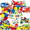 MOVINPE Transportation Birthday Decoration for Boys Happy Birthday Banner Cars School Bus Train Fire Truck Motorcycle Plane Foil Balloons Transport Vehicles Cake Topper Kids 2nd Birthday Decor