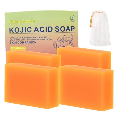 YOSEGOOTER Turmeric Kojic Acid Soap Bars - Face&Body Dark Spots Remover, Natural and Organic Ingredients Skin Care Body Wash Pads, Gentle & Moisturizing, 4packs