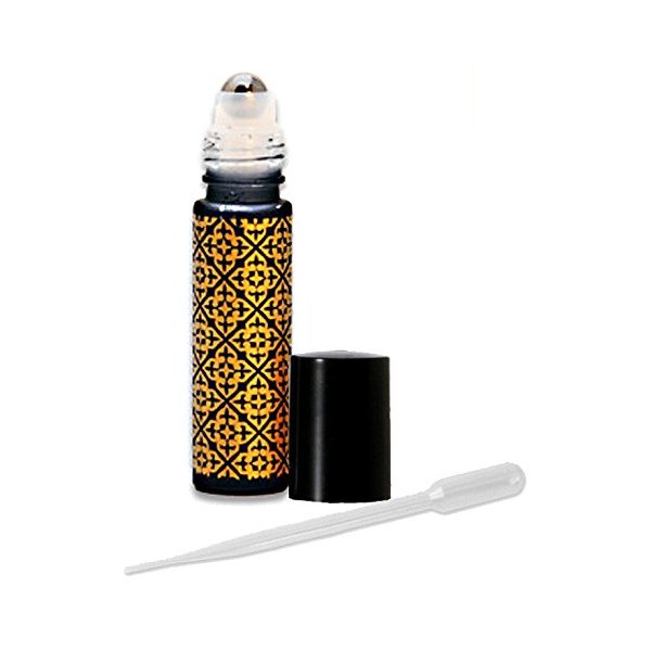 Grand Parfums 12 .33 Fl. Oz./10 Ml. Black Frosted Glass with Gold Overlay Design/Decoration Roll on Bottles Refillables with Metal Balls and Black Caps