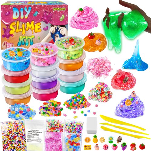 YOPINSAND 12 Cups DIY Slime Kit, Slime Making Kit for Girls, Crystal Clear Slime, Glow in The Dark Slime with Add-ins, Foam Balls, Charms, Slime Party Favors Gift Toys for Kids 3-12