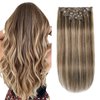XDhair Clip In Hair Extensions Remy Human Hair Medium Brown #4 Mixed to Caramel Blonde #27 Clip In Real Hair Silk Stright 120g 6Pcs (#4P27,18Inch)