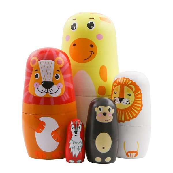 Winterworm Set of 5 Animal Nesting Dolls Giraffe Bear Lion Monkey Fox Wooden Russian Doll Wooden Matryoshka Dolls for Mother's Day Christmas Birthday Kids Stacking Toy Boy Girl Gift Home Decoration