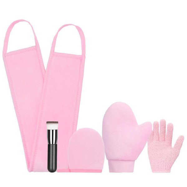 UNIMEIX 5 Pack Self Tanning Mitt Applicator Kit Set Self Tan Back Applicator with Self Tanning Glove for Self Tan Mitt Mini Self Tan Glove and Sunscreen Brush (Pink)