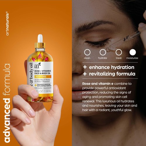Artnaturals Organic Rose + Vitamin E Face Oil 4.0oz - for Body & Hair - 100% Natural, Moisturize, Rejuvenate & Enhance your skin - Anti-Aging Moisturizer Facial Oil for Fine Lines, Scars & Wrinkles