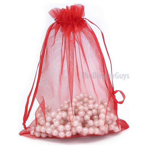 TheDisplayGuys 100-Pack 6x8 Red Sheer Organza Gift Bags with Drawstring, Goodie Bags for Jewelry, Candy Bags, Treat Bags, Wedding Favors Small Mesh Bags