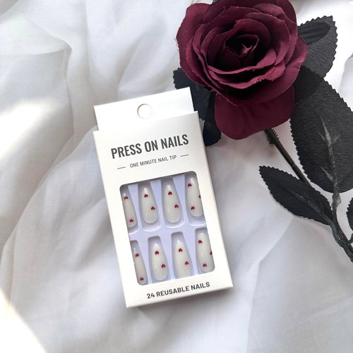 Valentine’ s Day Press on Nails Medium Length Fake Nails Full Cover Almond Shape False Nails with Small Red Hearts Glossy White Acrylic Glue on Nails for Women Girls Valentine’ s Day Wedding Manicure