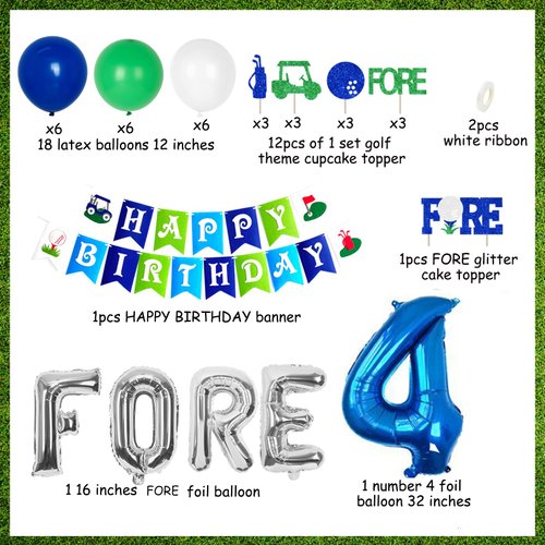 kreat4joy Golf 4th Birthday Party Decorations, 4th Birthday Decorations for Boys Fore Balloons Happy Birthday Banner Fore Glitter Cake Topper Cupcake Topper for Boy Sports Birthday Party Decorations