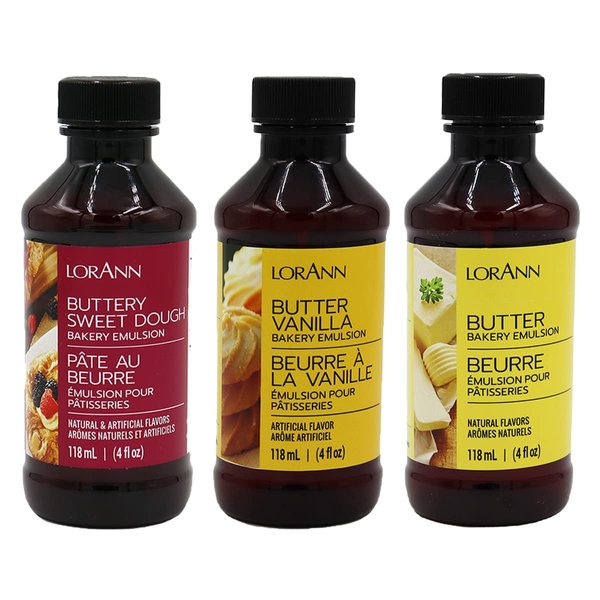LorAnn Bakery Emulsion 3 pack - Buttery Sweet Dough, Butter Vanilla and Butter - 4 ounce bottles