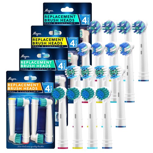 Alayna Replacement Toothbrush Heads for Oral B Braun Electric Toothbrushes - 16 Assorted Brush Head Refills Compatible w/OralB (4) Cross Clean, Floss, Precision, Sensitive (Fits Most Oral-B Bases)