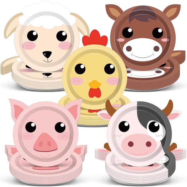 50 Count Farm Animals Party Paper Plates Farm Animal Shaped Disposable Plates Farm Birthday Plates Cake Animal Theme Party Plates for Birthday Baby Shower Farm House Fun Barnyard Animals Party Favors