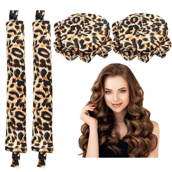Heatless Hair Curler,2PCS Satin Heatless Curls Set,Heatless Curlers Headband with Hairnet,Hair Curlers No Heat,Heatless Curling Set For Sleeping Overnight, (Leopard)
