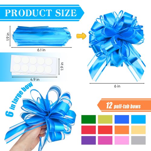 12 PCS Pull Bows for Gift Wrapping, 6 Inch Multiple Colors Big Gift Bows with 20 Self-Adhesive Dots, Reusable Ribbon Bows for Wrapping Boxes, Baskets, Weddings, Birthdays & Flower Decorations