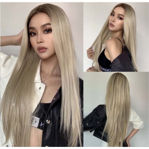 melody wig Blonde Synthetic Lace Front Wigs for Women Gold Silky Straight 180% Density Half Hand Tied Heat Resistant Fiber Hair Gifts 24'' …