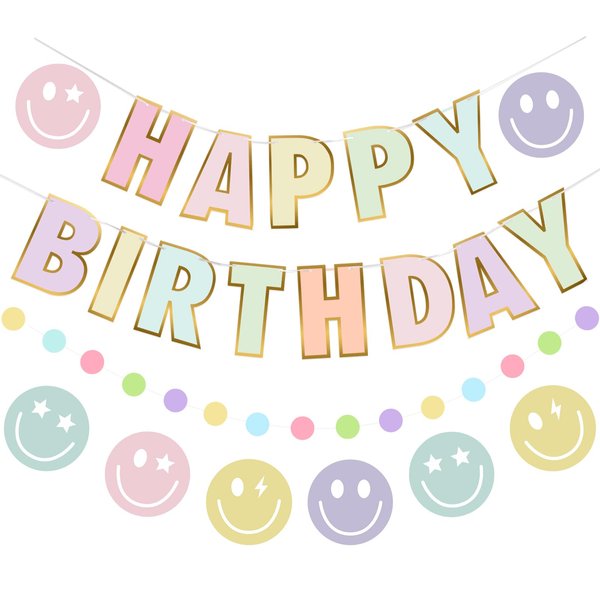 Pastel Happy Birthday Decorations for Women Girls, Macaron Happy Birthday Banner with Smiley Face Birthday Decorations, NO DIY Birthday Party Decorations with Circle Dot Happy Birthday Garland and Bunting Banner