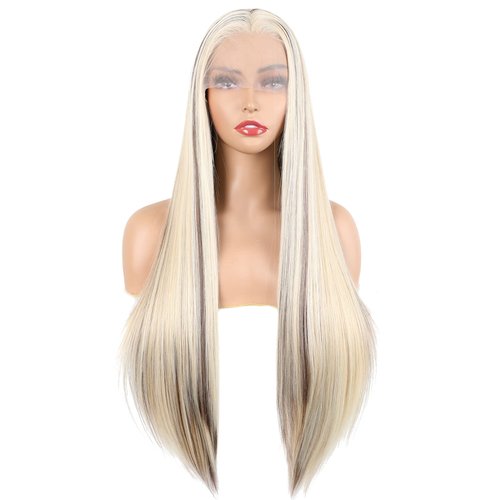 V'NICE Long Straight Highlight Piano Lace Front Wig Blonde with Brown Synthetic Wigs Heat Resistant Fiber Replacement Wig for Fashion Women